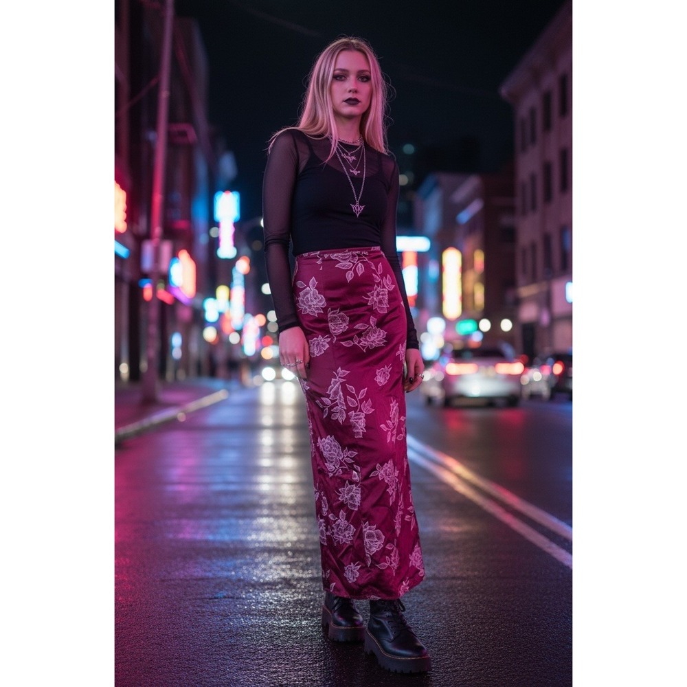VTG! "Love Peace Soul" 90s Burgundy Floral Rose Maxi Skirt Side Slit Size 7 7A55